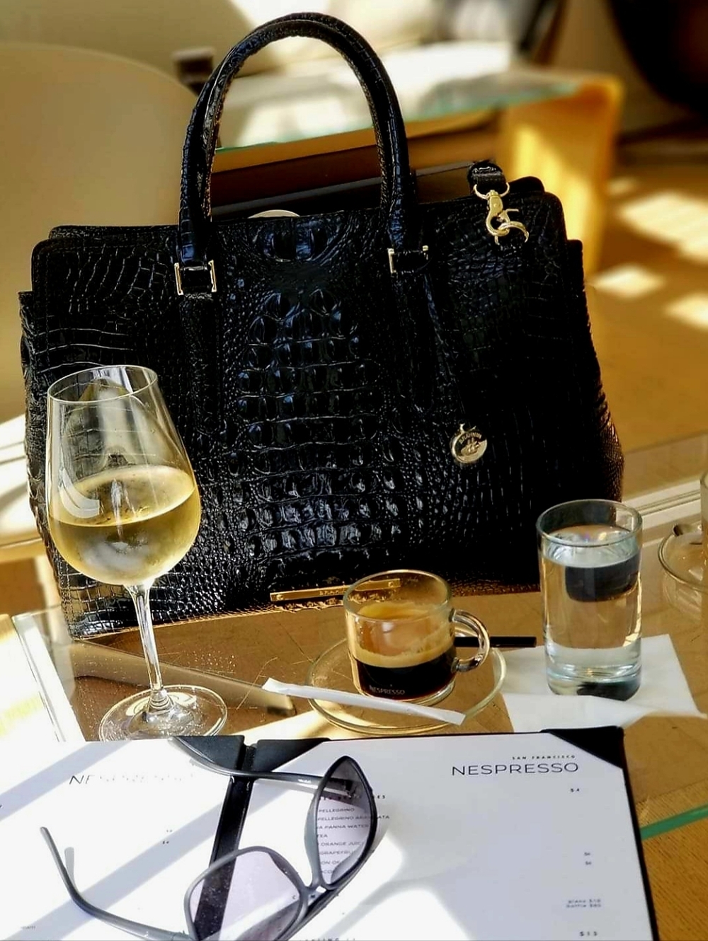 Brahmin (Finley) Black Croc-Embossed Tote Bag with Gold Hardware